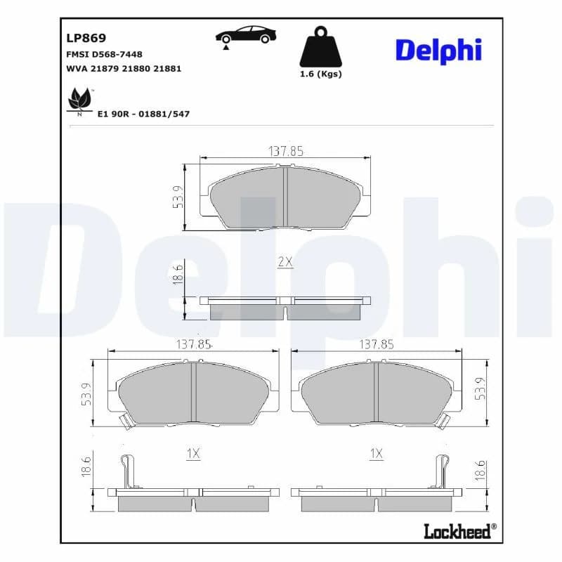 DELPHI stabdžių trinkelių rinkinys, diskinis stabdys LP869
