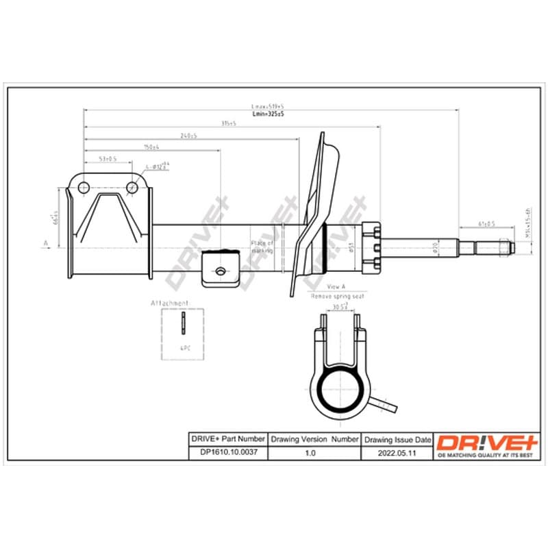 DRVE DP1610.10.0037 Amortizatorius, montavimo vieta: priekinė ašis, kairė, tipas: dujų slėgis