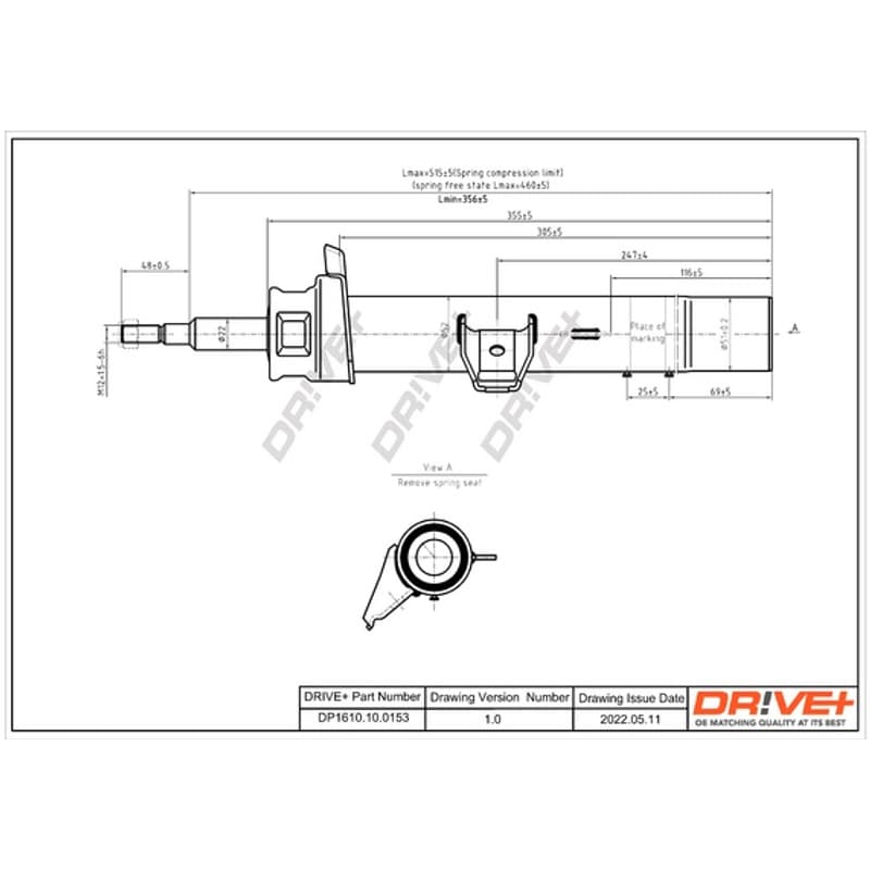 DRVE DP1610.10.0153 Amortizatorius, montavimo vieta: priekinė ašis, dešinė, tipas: dujų slėgis