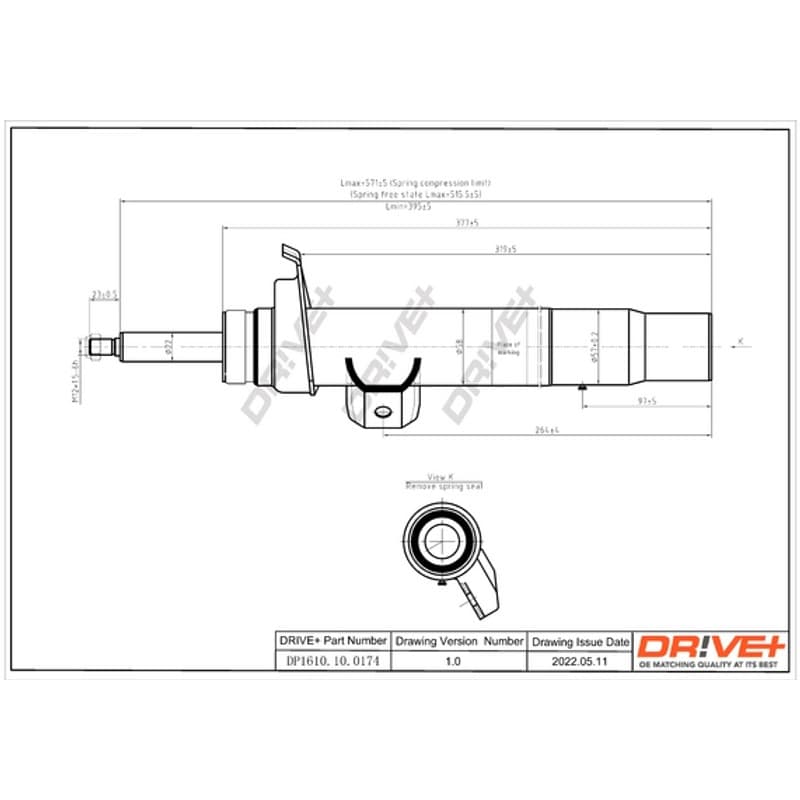 DRVE DP1610.10.0174 Amortizatorius, montavimo vieta: priekinė ašis, tipas: dujų slėgis
