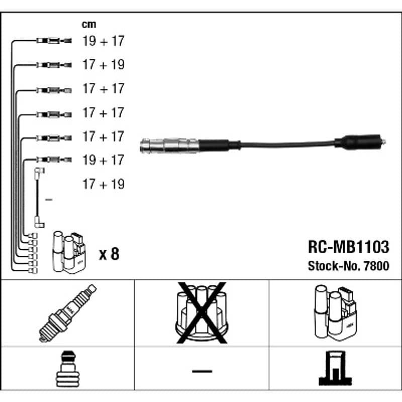 NGK 7800 uždegimo laido komplektas 7800 RC-MB1103