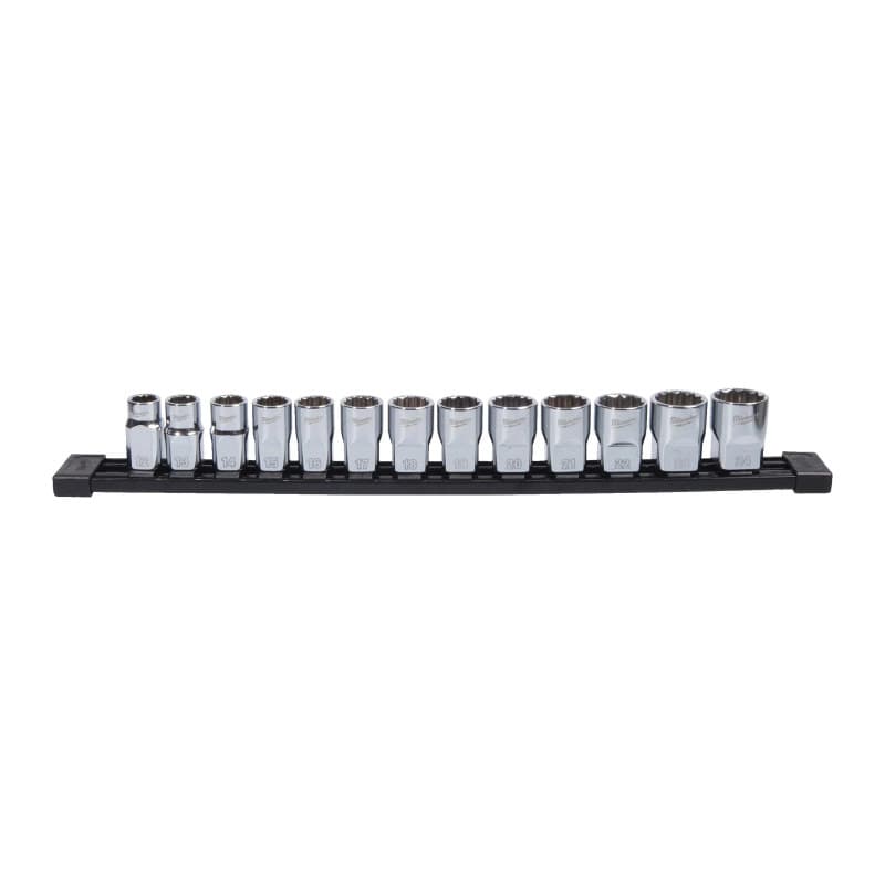 MILWAUKEE ½ col. metrinės sistemos standartinė 12-kampė galvutė – 13 vnt. 1/2" Drive 12-Point Socket Set – Metric 4932498797 MILWAUKEE